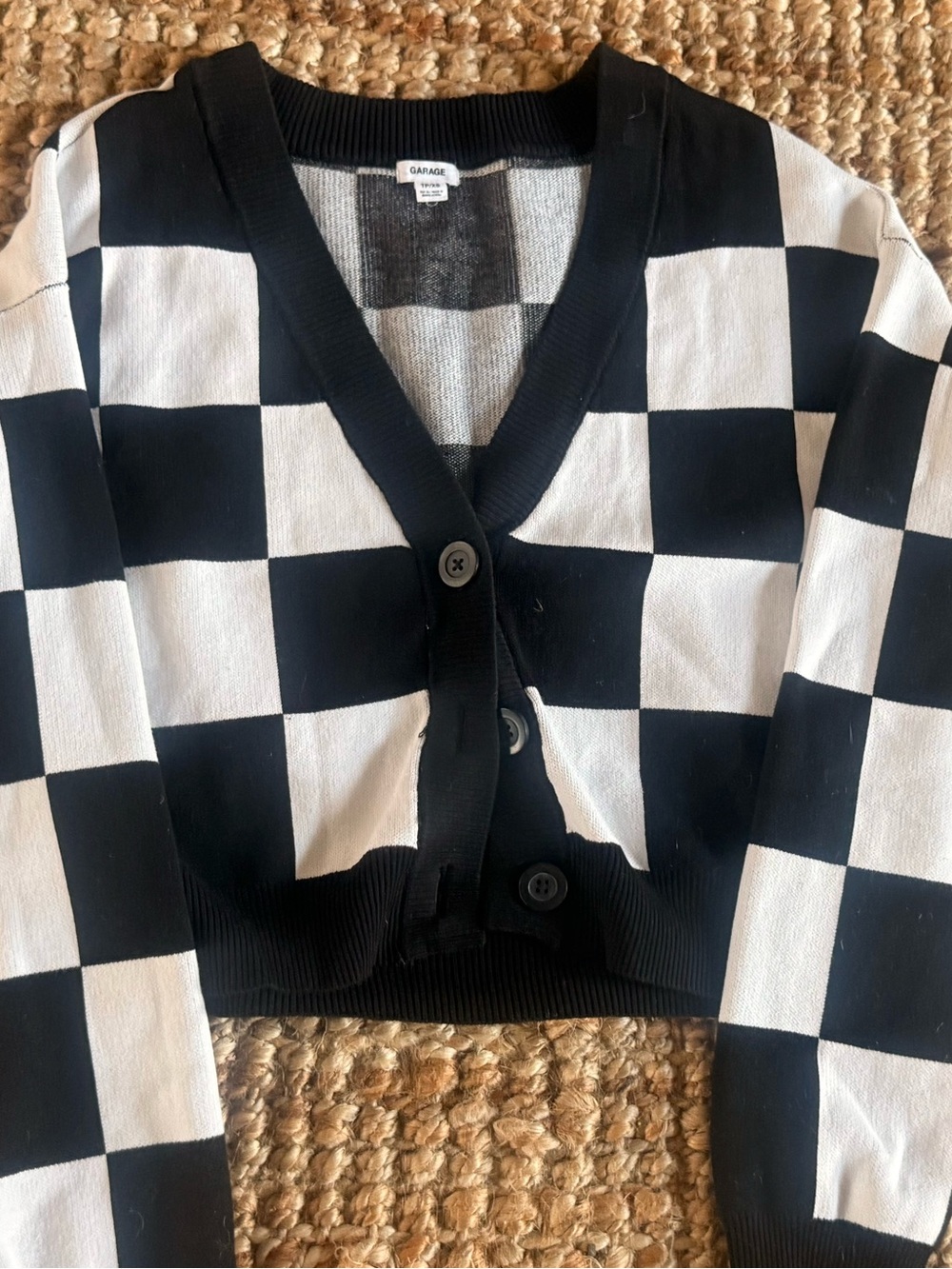 Garage Black and White Checkerboard Cropped V-Neck Cardigan